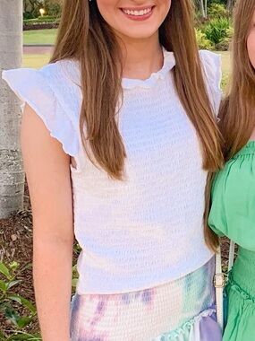 Smocked White Tank Ruffle Cap Sleeve French Connection